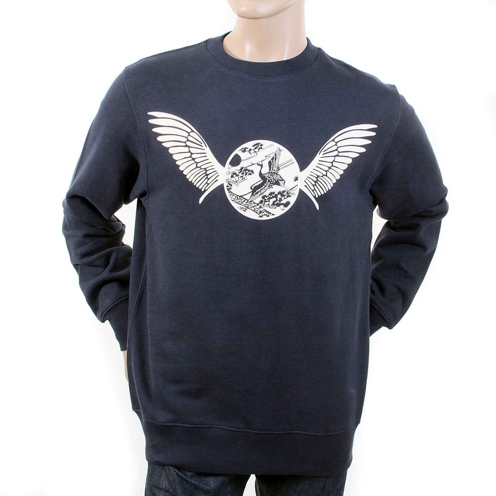 RMC JEANS RWC141262 MENS NAVY LONG SLEEVED CREW NECK SWEATSHIRT WITH ECRU FREEDOM CRANE PRINT REDM1028