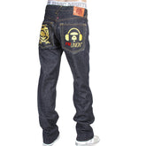 RMC X 4A VERSION MENS LIKE BLACK MODEL 1001 MONSTER RIDER FM UNION GOLD EMBROIDERED JEANS IN INDIGO RMC1939