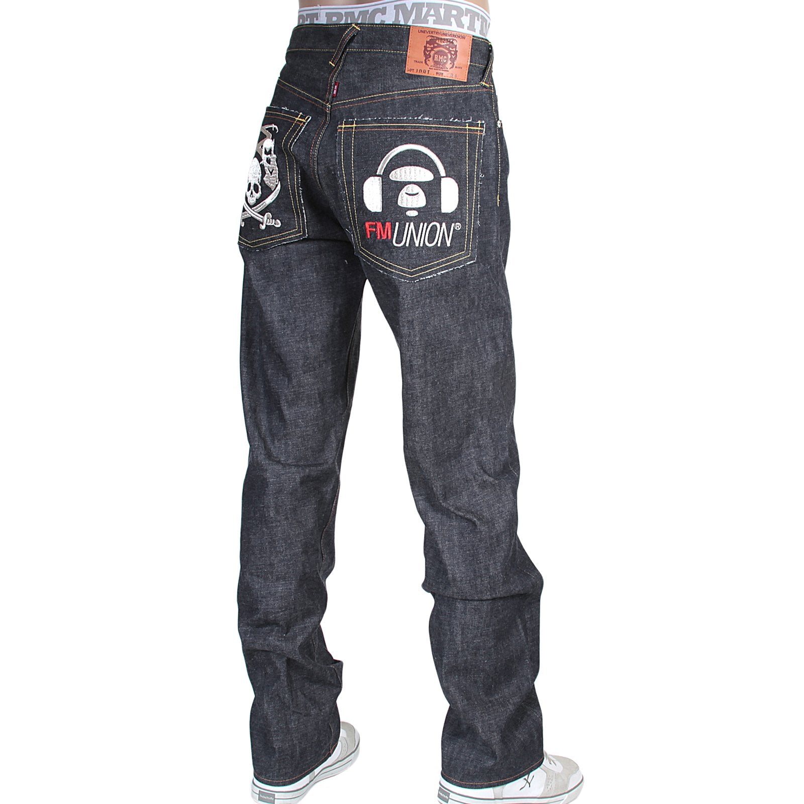 RMC X 4A VERSION MENS INDIGO RAW SELVEDGE DENIM 1001 MODEL BLACK MONSTER RIDER FM UNION EMBROIDERED JEANS RMC1940