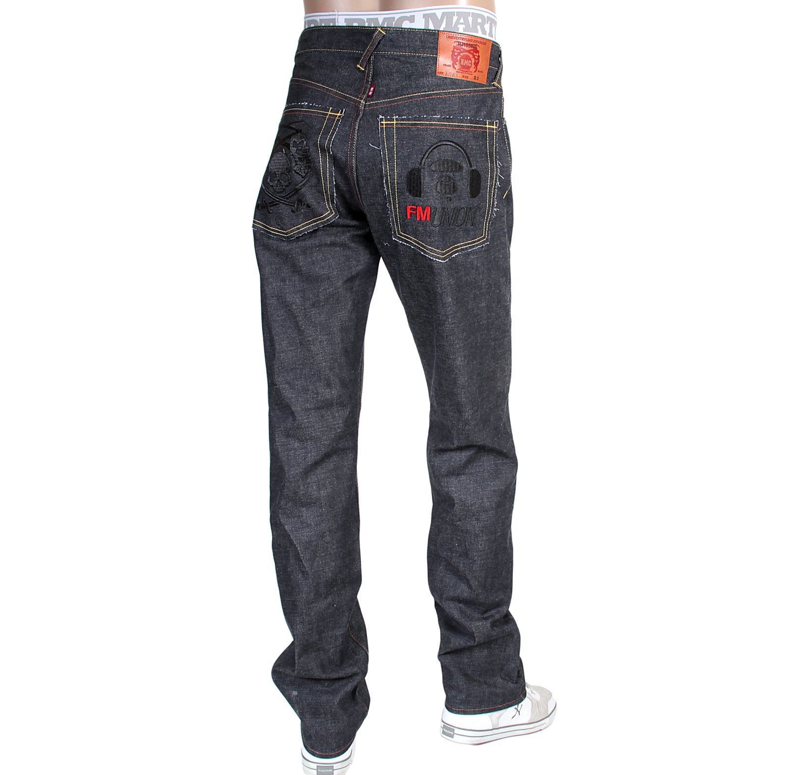 RMC X 4A VERSION MENS INDIGO RAW SELVEDGE 1001 LIKE BLACK MONSTER RIDER FM UNION EMBROIDERED DENIM JEANS RMC1942