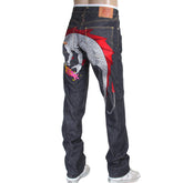 RMC JEANS HUNGRY DRAGON 1001 MODEL JAPANESE SELVEDGE DENIM JEANS IN INDIGO WITH RED AND SILVER EMBROIDERY RMC3743