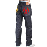 RMC JEANS 1001 MODEL JAPANESE HAND EMBROIDERED LOGO INDIGO RED LINE RAW SELVEDGE DENIM JEANS RMC3744