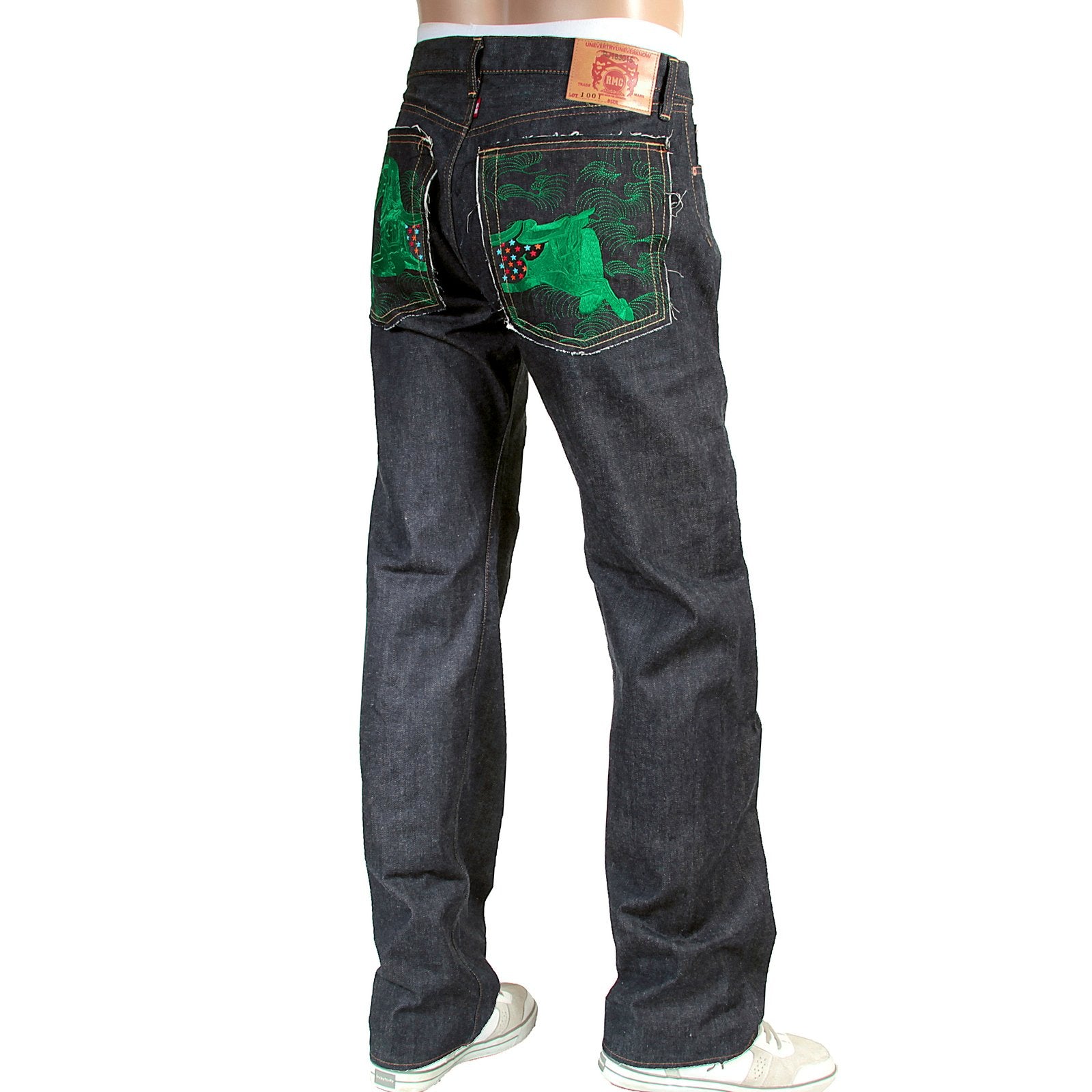 RMC INDIGO RAW RED LINE SELVEDGE MODEL 1001 JAPANESE DENIM JEANS WITH GREEN LUCKY HORSE EMBROIDERY RMC3749