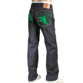 RMC INDIGO RAW RED LINE SELVEDGE MODEL 1001 JAPANESE DENIM JEANS WITH GREEN LUCKY HORSE EMBROIDERY RMC3749