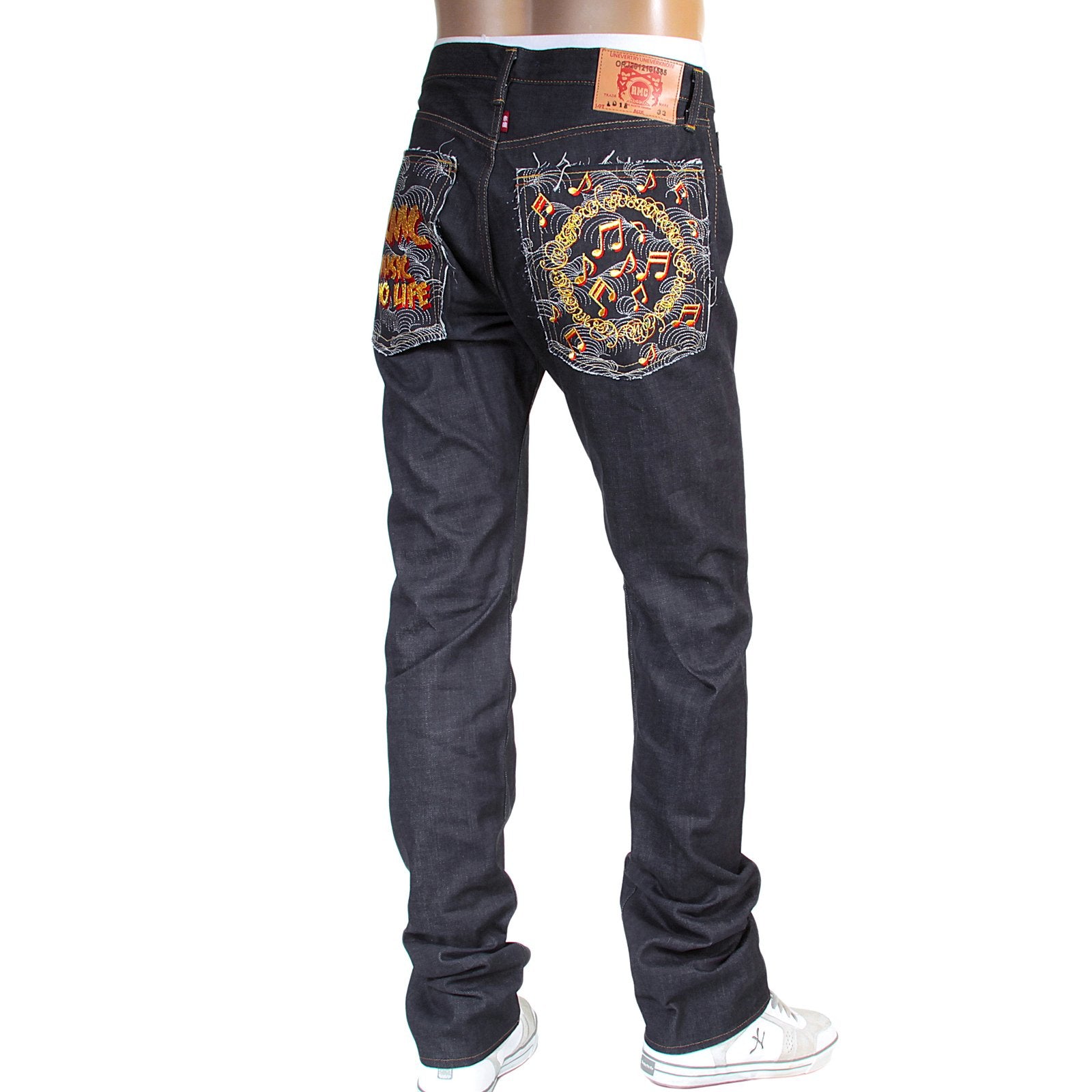 RMC JEANS NO MUSIC NO LIFE EMBROIDERED 1011 MODEL INDIGO JAPANESE RAW SELVEDGE DENIM JEANS RMC4125