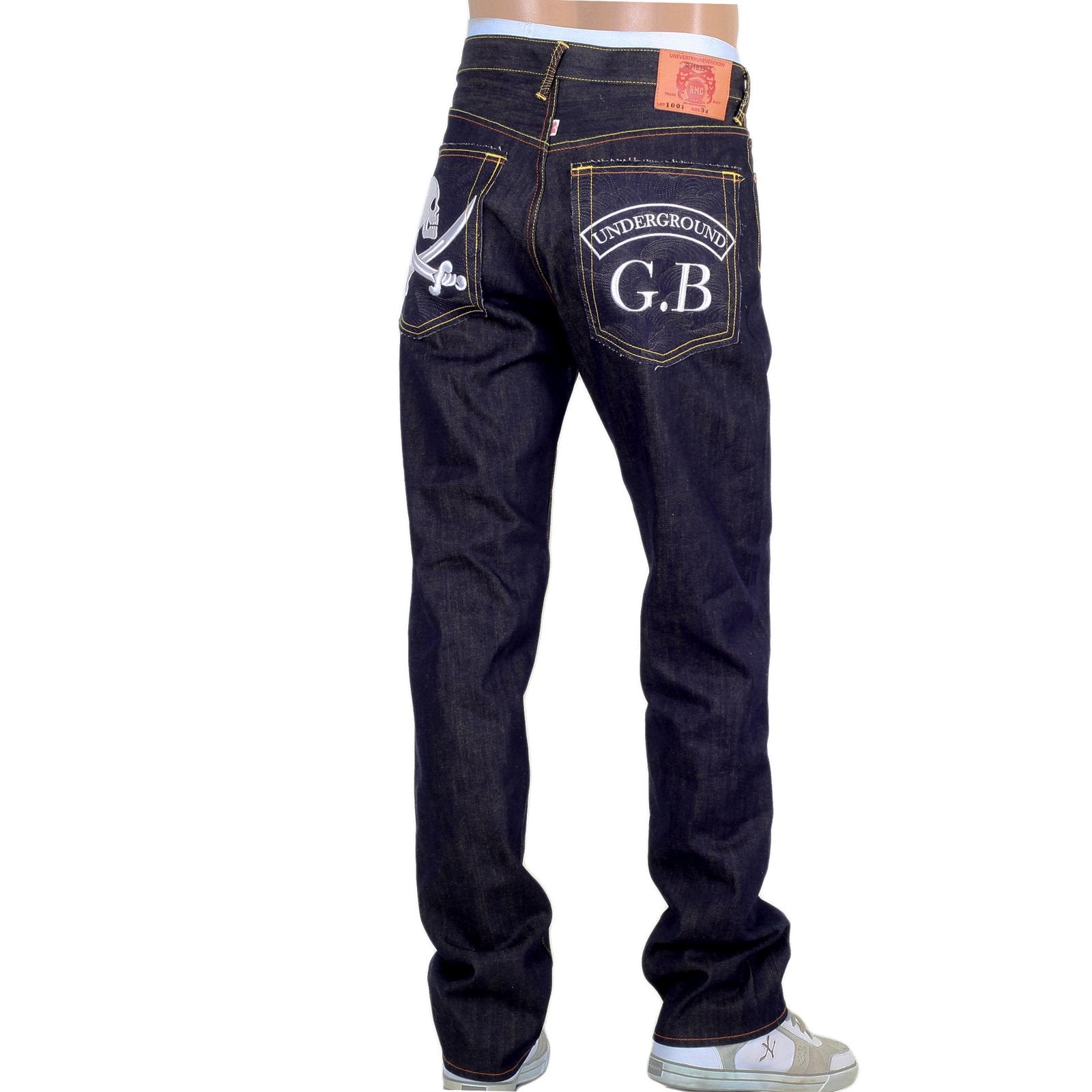 RMC MODEL 1001 UNDERGROUND GB MENS RAW JAPANESE SELVEDGE SKULL EMBROIDERED DARK INDIGO DENIM JEANS RMC2989