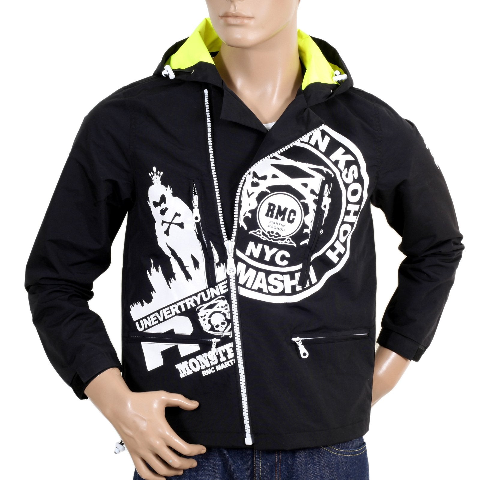 RMC JEANS FUNCTIONAL MONSTER RIDER ZIPPED RQJ14021 MENS REGULAR FIT NYLON HOODED JACKET IN BLACK REDM4420