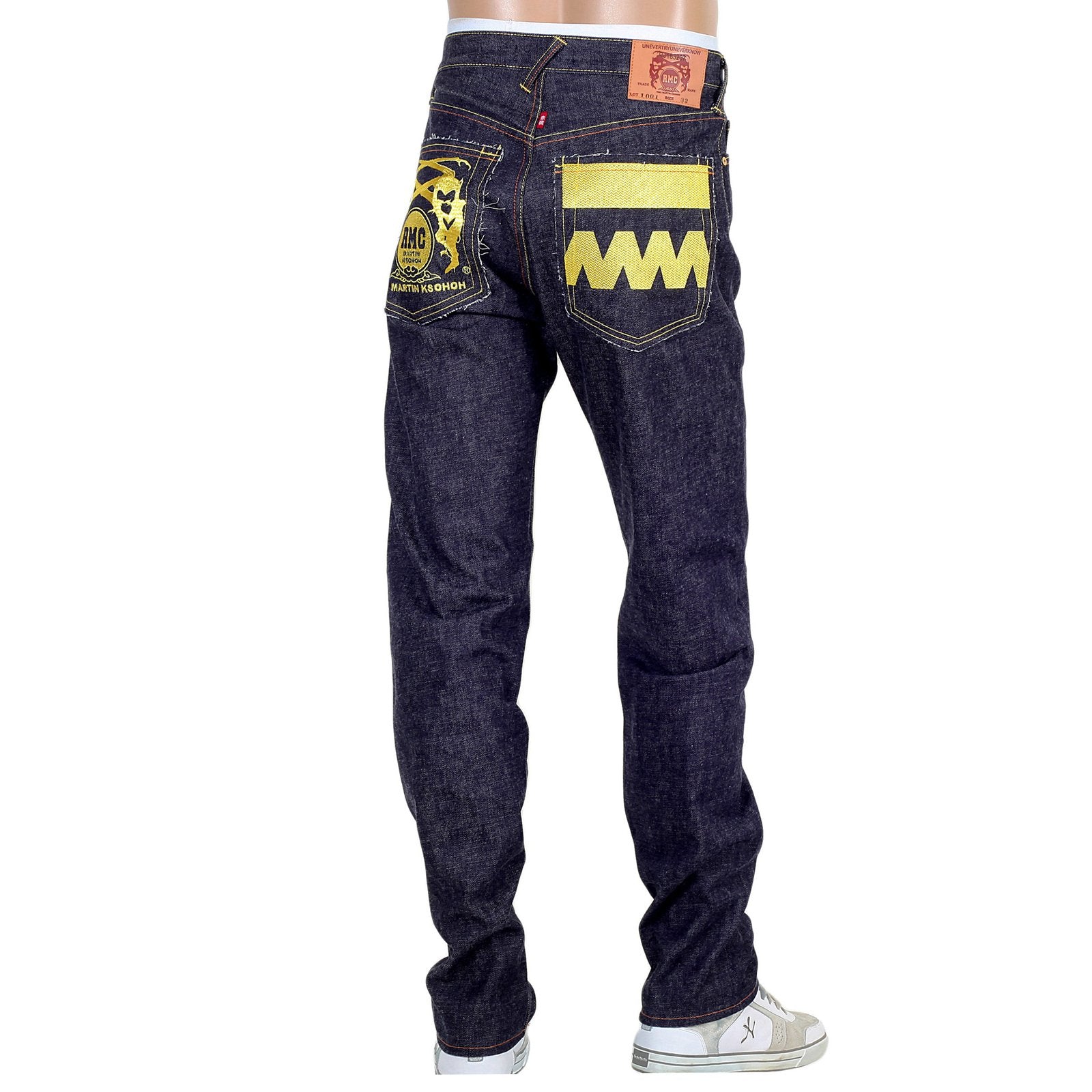RMC GOLD EMBROIDERED 4A FM UNION VERSION 2 INDIGO RAW MODEL 1001 SLIM SELVEDGE MENS DENIM JEANS RMC1923
