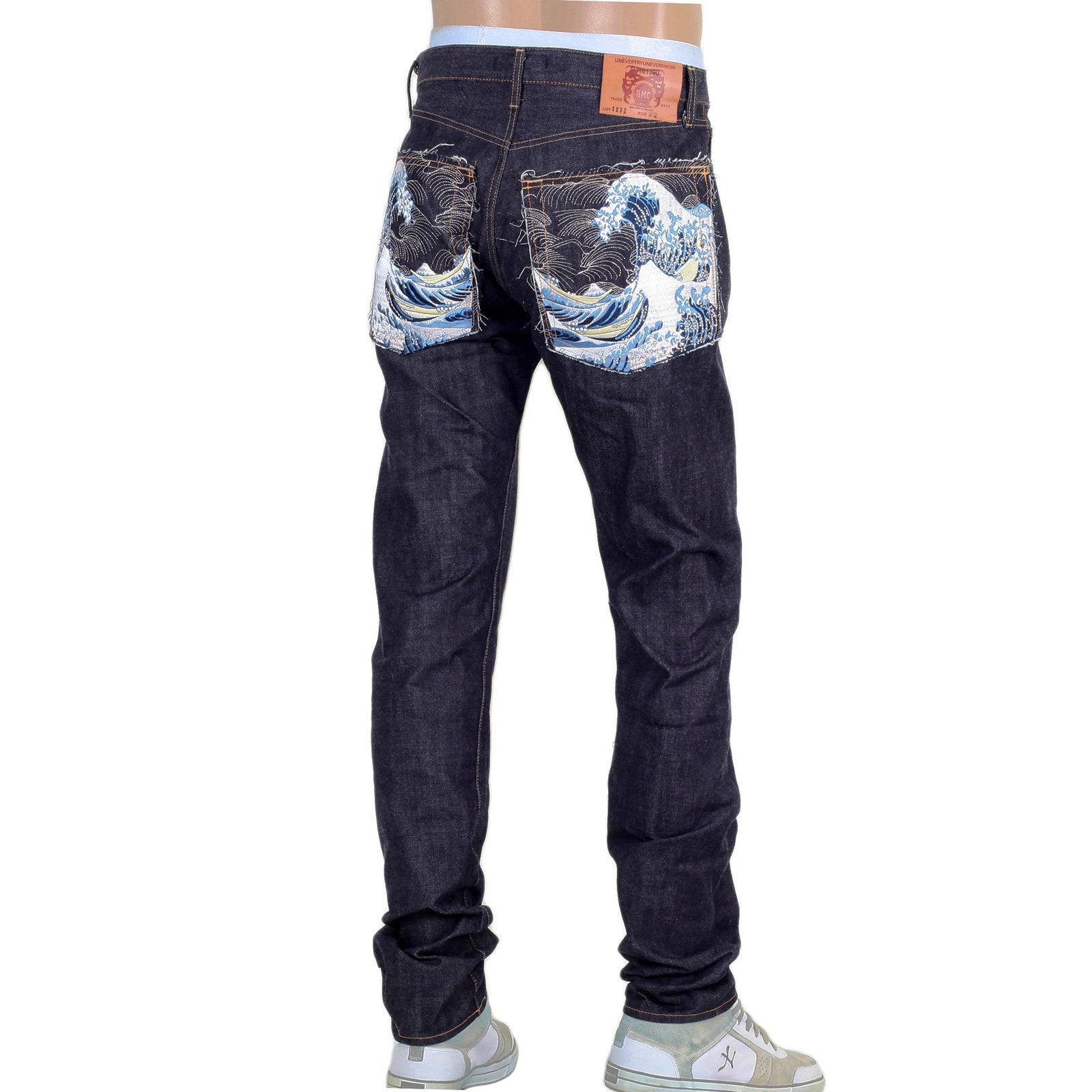 RMC MENS SLIM CUT 1111 SLIM CUT MODEL INDIGO RAW SELVEDGE DENIM JEANS WITH TOYO TSUNAMI EMBROIDERY RMC2761