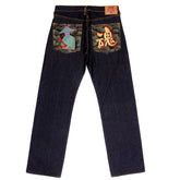 RMC JEANS VINTAGE CUT MENS SELVEDGE RAW DENIM JEANS WITH EMBROIDERY WAR IS NOT THE ANSWER ON BACK POCKETS REDM4229