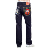 RMC JEANS MODEL 1011 UNSANFORIZED RAW SELVEDGE DENIM JEANS IN INDIGO WITH MARUDA FUJIN RAIJIN EMBROIDERY REDM4460