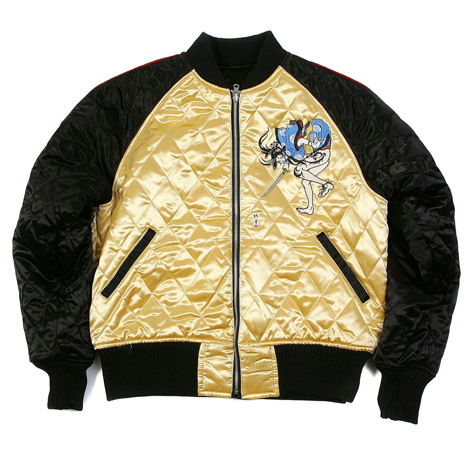 RMC JEANS X YOROPIKO 4A HERO EMBROIDERED RMC 4A FULLY REVERSIBLE REGULAR FIT QUILTED JACKET IN BLACK AND GOLD REDM2140A