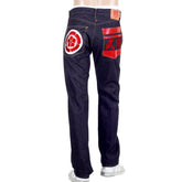 RMC RQP14123 SENGOKU PAINTED AND EMBROIDERED JAPANESE 1011 SLIMMER MODEL RAW SELVEDGE DENIM JEANS REDM4454