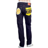 RMC MENS YELLOW SENGOKU PAINTED AND EMBROIDERED 1011 SLIMMER MODEL RQP14123 SELVEDGE DENIM JEANS REDM4453