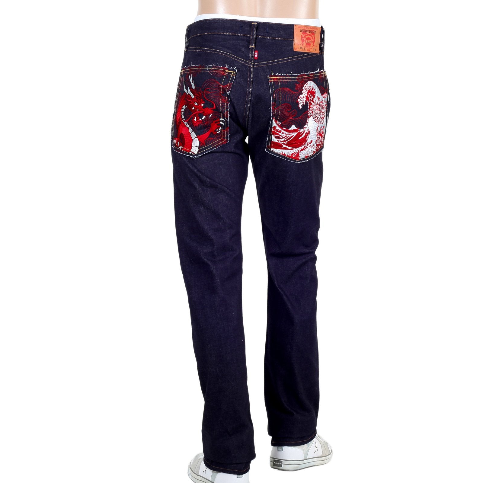 RMC JAPANESE SELVEDGE DENIM 1011 SLIMMER MODEL RQP14121 RED DRAGON AND TSUNAMI WAVE EMBROIDERED JEANS FOR MEN REDM4459