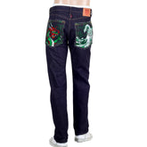 RMC 1011 MODEL RQP14121 JAPANESE SELVEDGE DENIM JEANS WITH GREEN DRAGON AND TSUNAMI WAVE EMBROIDERY REDM4457