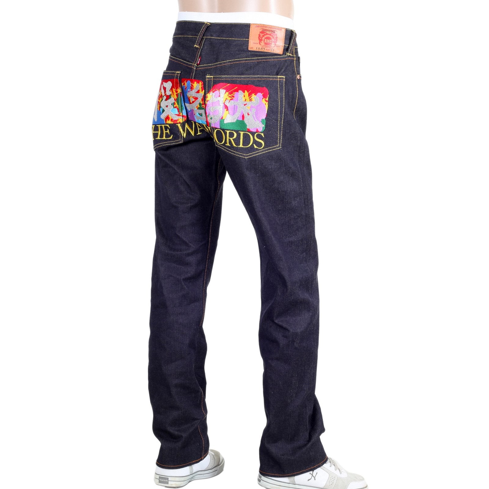 RMC JEANS RARE LIMITED EDITION RAW SELVEDGE DARK INDIGO DENIM JEANS WITH EXCLUSIVE WARLORDS EMBROIDERY REDM0055