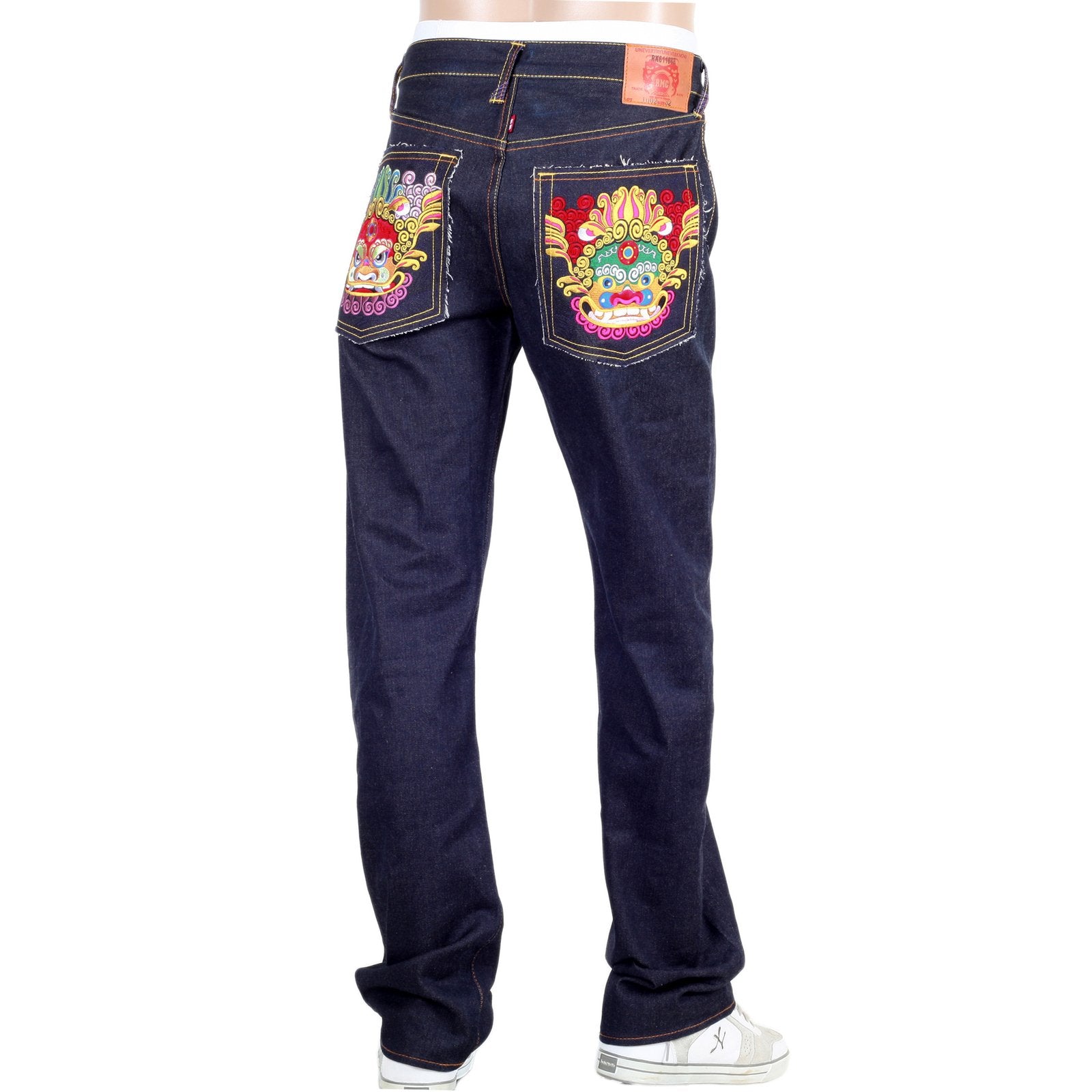 RMC MARTIN KSOHOH GENUINE RAW SELVEDGE DARK INDIGO DENIM JEANS WITH EXCLUSIVE ORIENTAL LION EMBROIDERY REDM0060