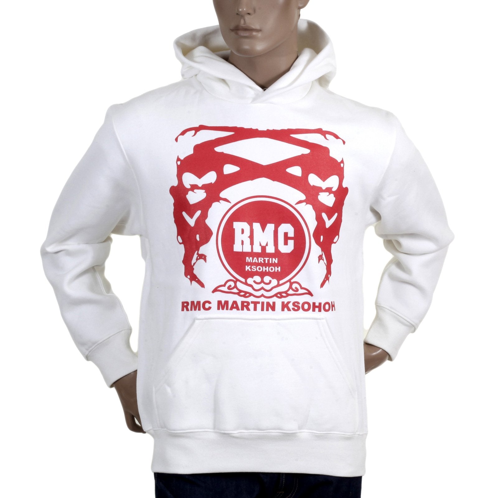 RMC JEANSREGULAR FIT RED PRINTED LOGO HOODIE IN IVORY WITH KANGAROO STYLE POCKET REDM0714