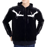RMC JEANS SAKURA CRANE EMBROIDERED REGULAR FIT BLACK HOODED JACKET WITH FAUX LEATHER TRIMS FOR MEN REDM2902
