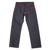 RMC MARTIN KSOHOH GENUINE EXCLUSIVE VINTAGE INDIGO RAW SELVEDGE DENIM JEANS WITH RED 4A STAR EMBROIDERY REDM2908