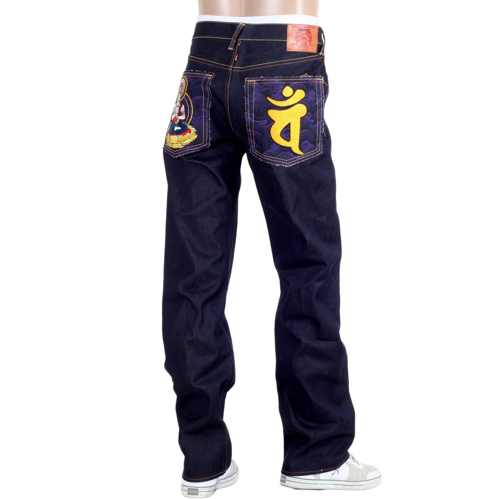 RMC MARTIN KSOHOH INDIGO RAW SELVEDGE JEANS WITH EXCLUSIVE DAINITI NYORAI YEAR OF THE MONKEY EMBROIDERY REDM3099