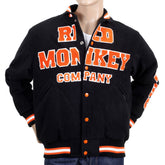 RMC JEANS BLACK VARSITY REGULAR FIT BASEBALL JACKET WITH ORANGE APPLIQUE LETTERING AND WHITE OUTLINE REDM3113
