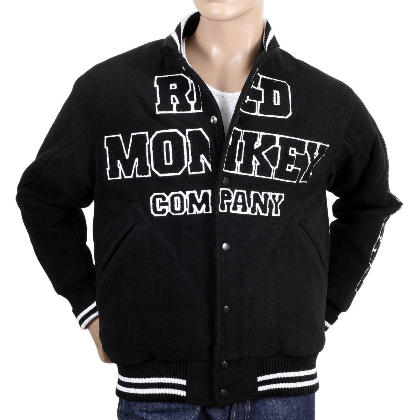 RMC JEANS VINTAGE REGULAR FIT VARSITY BASEBALL JACKET IN BLACK AND WHITE REDM3116