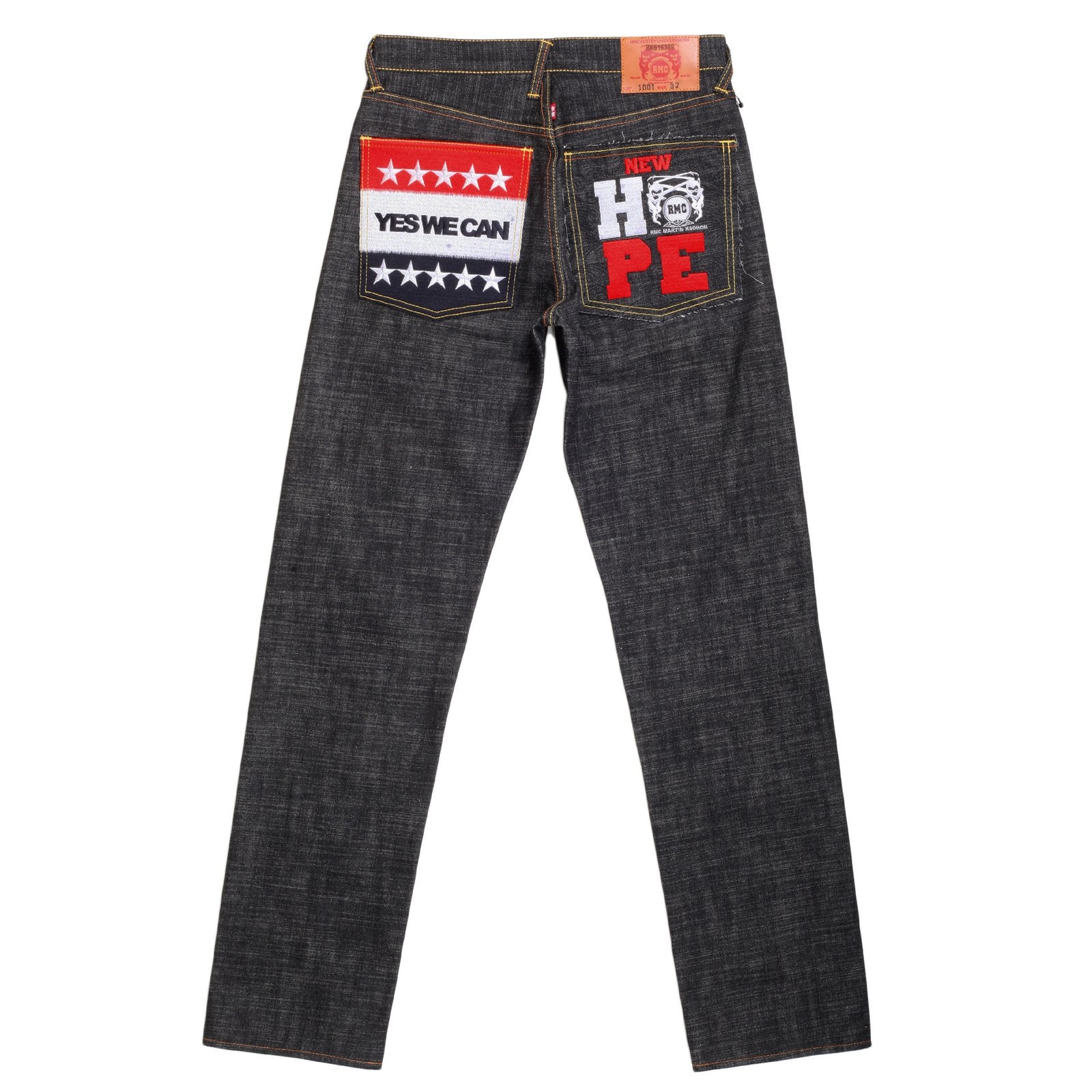RMC JEANS BLACK RAW SELVEDGE JEANS WITH SUPER EXCLUSIVE OBAMA YES WE CAN NEW HOPE EMBROIDERY REDM3118
