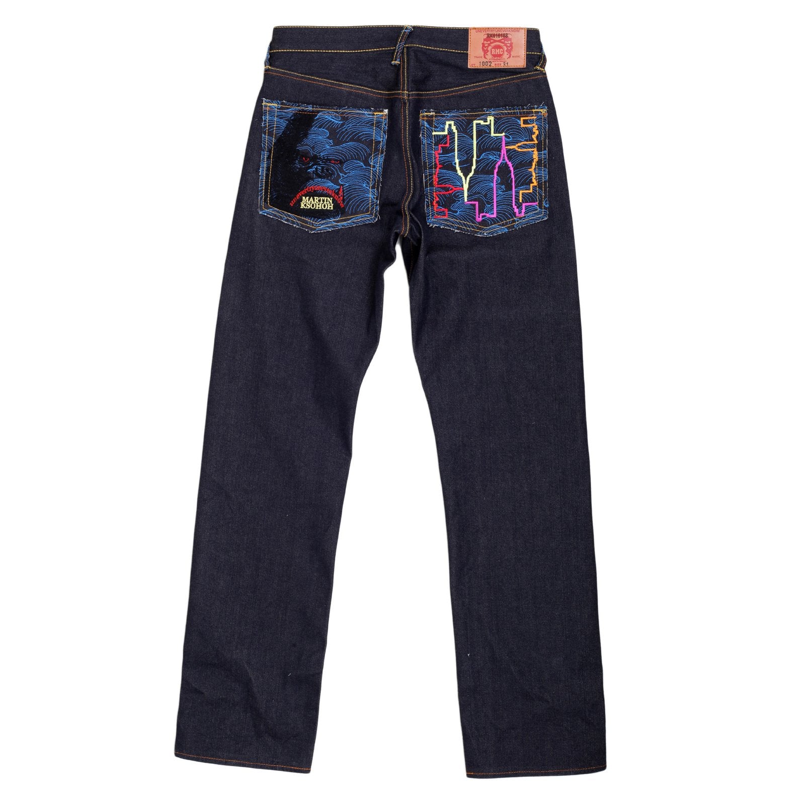RMC SUPER EXCLUSIVE EMBROIDERED KING KONG VINTAGE CUT DARK INDIGO RED-GREEN SELVEDGE RAW DENIM JEANS REDM3253
