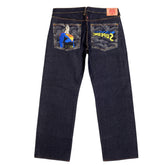 RMC JEANS VINTAGE CUT DARK INDIGO RAW SELVEDGE DENIM JEANS WITH SUPERMAN SUPERMC EMBROIDERY REDM3698