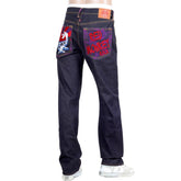 RMC JEANS EXCLUSIVE ROCK TSUNAMI WAVE EMBROIDERED GENUINE RAW SELVEDGE VINTAGE CUT DENIM JEANS REDM6214