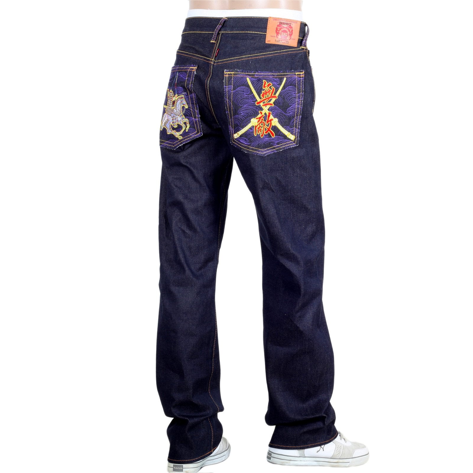 RMC JEANS DARK INDIGO GENUINE EXCLUSIVE HORSE AND SWORD EMBROIDERED VINTAGE RAW SELVEDGE JEANS REDM9070