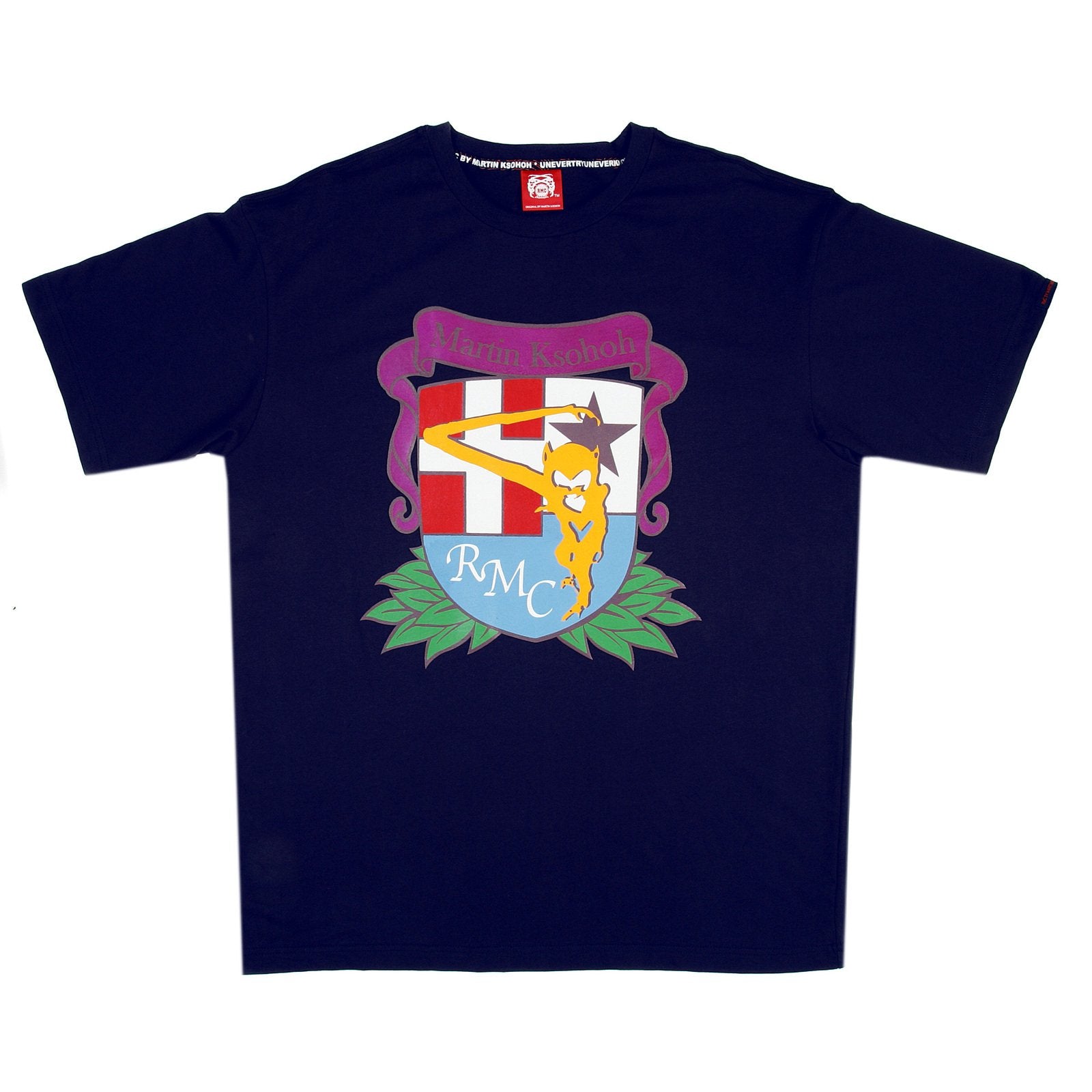 RMC JEANS MENS NAVY BLUE SHORT SLEEVE CREW NECK REGULAR FIT T SHIRT WITH RMC SCHOOL PRINT REDM3503