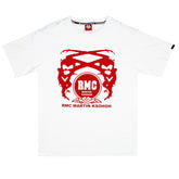 RMC JEANS MENS WHITE CREW NECK 100% COTTON REGULAR FIT T SHIRT WITH RED PRINTED SIGNATURE LOGO REDM3509.