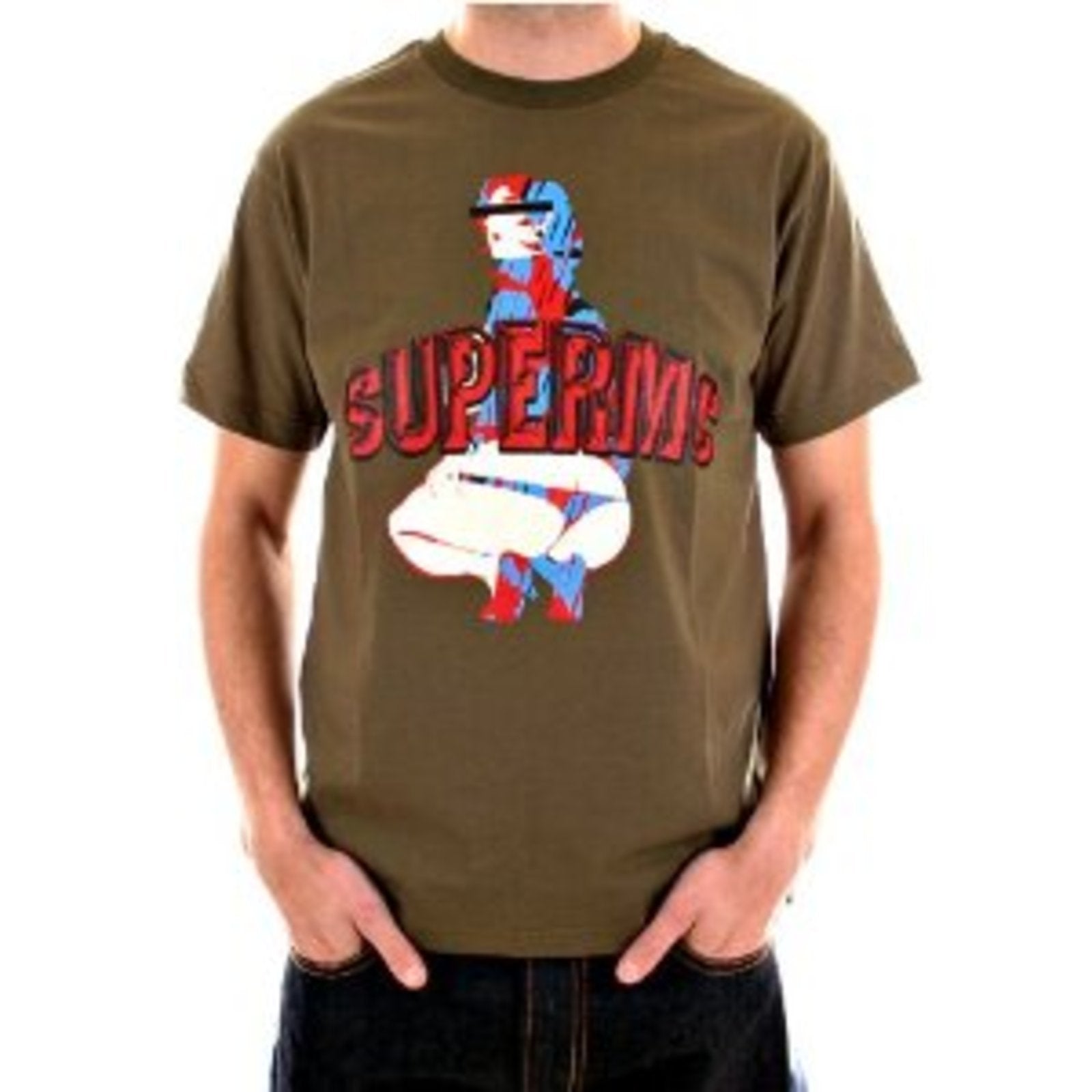 RMC JEANS COTTON SHORT SLEEVE CREW NECK REGULAR FIT ARMY GREEN T SHIRT WITH RARE SUPERMC PRINT REDM5952