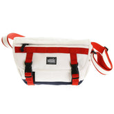 RMC MKWS UNISEX COTTON CANVAS SHOULDER BAG IN WHITE WITH RED AND NAVY CANVAS TRIMS REDM5576
