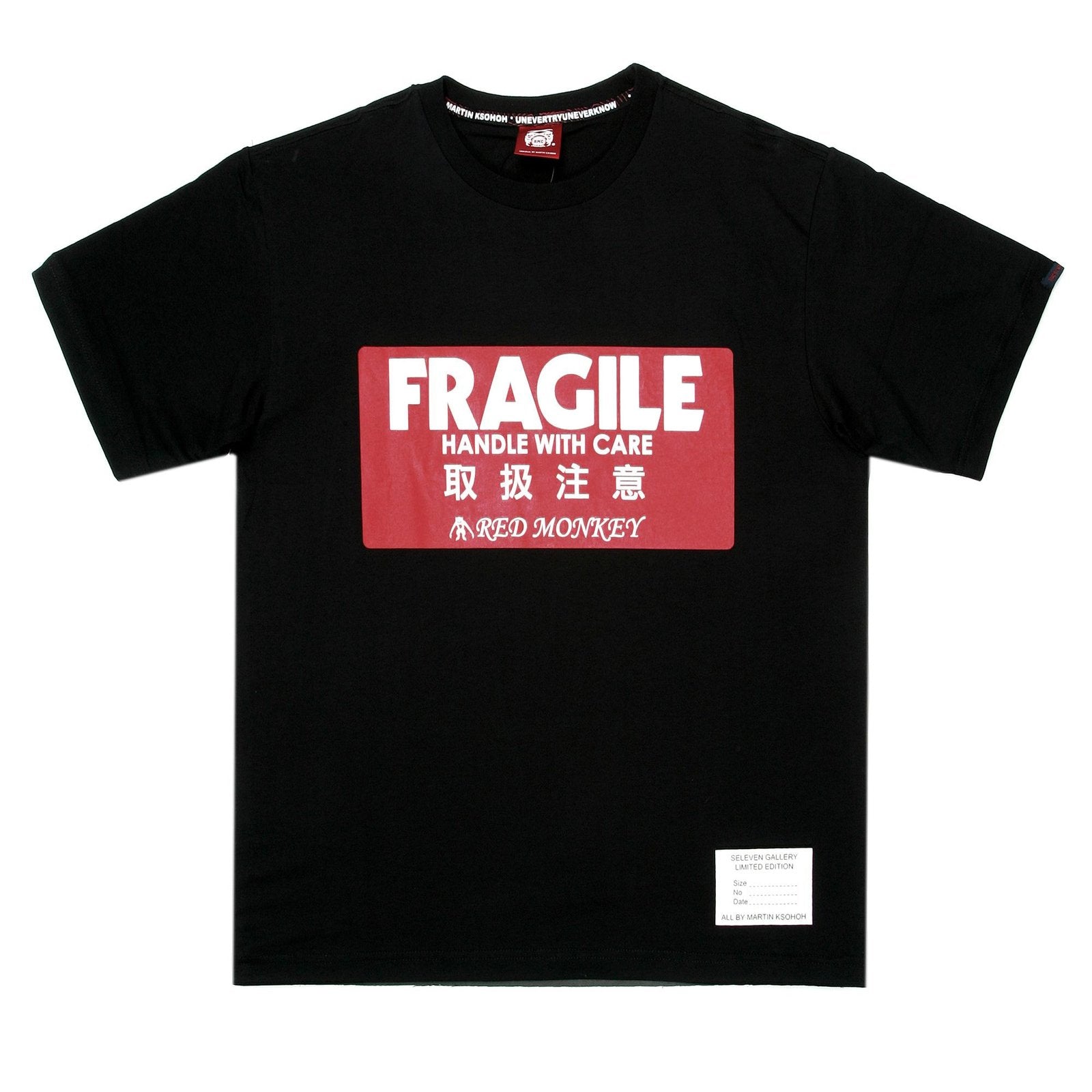 RMC JEANS LIMITED EDITION FRAGILE HANDLE WITH CARE PRINTED REGULAR FIT CREW NECK BLACK T-SHIRT REDM0042