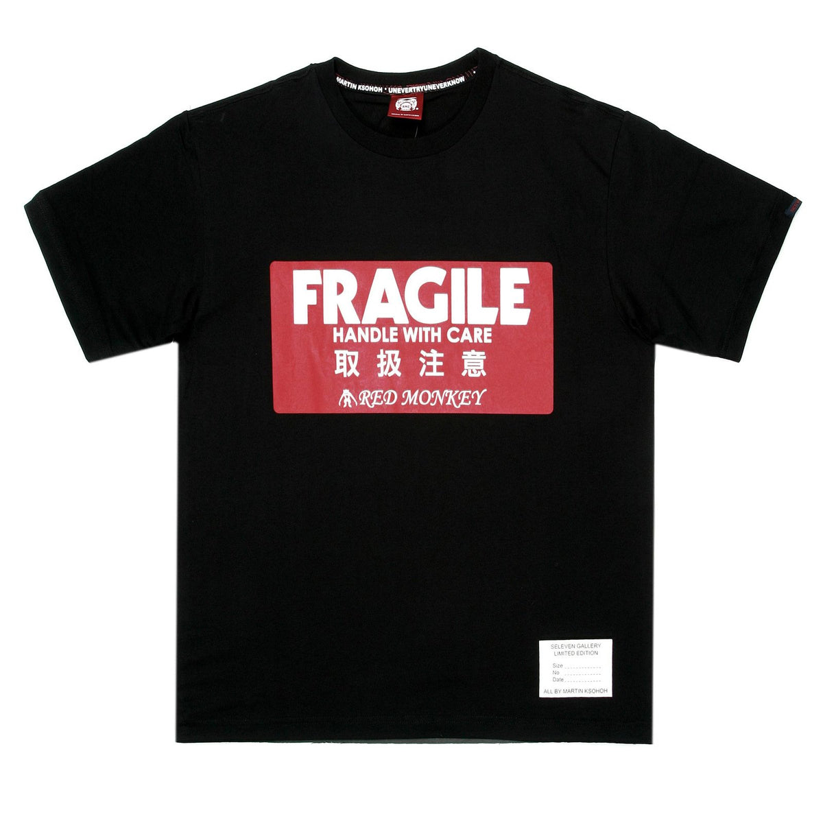 RMC JEANS LIMITED EDITION FRAGILE HANDLE WITH CARE PRINTED REGULAR FIT CREW NECK BLACK T-SHIRT REDM0042