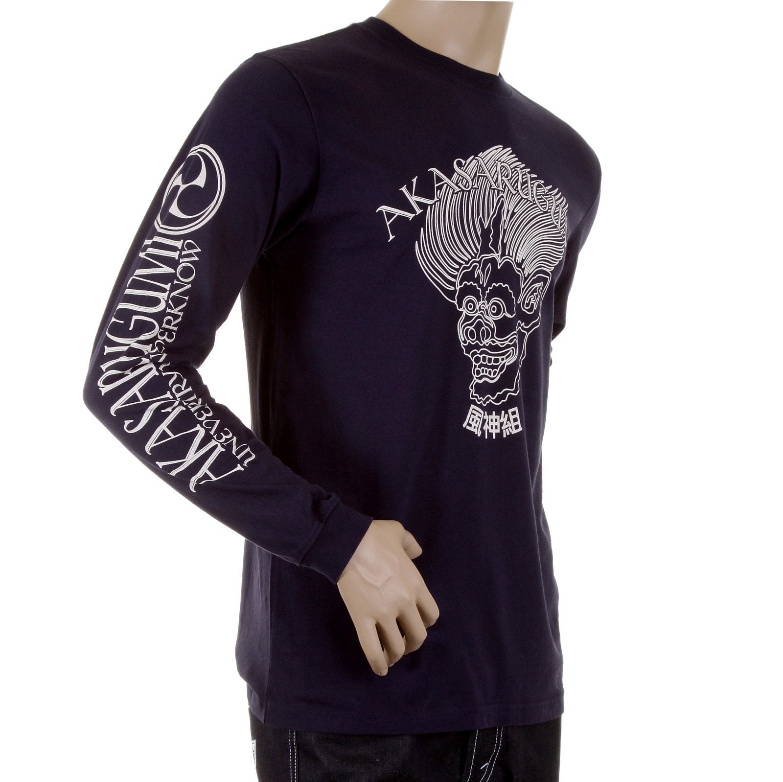 RMC JEANS CREW NECK LONG SLEEVE FUIJIN REGULAR FIT NAVY T-SHIRT WITH AKASARUGUMI PRINT FOR MEN REDM5411