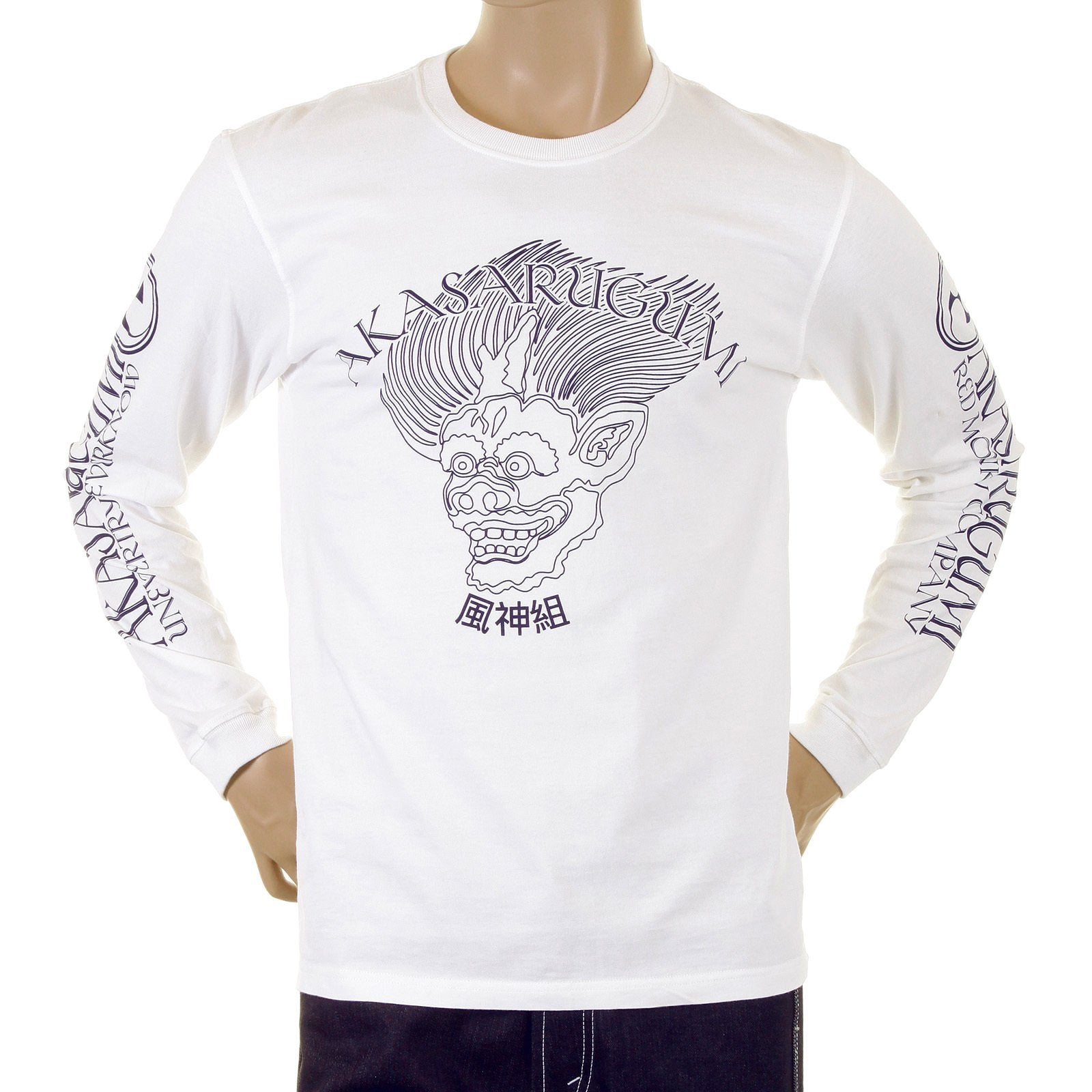 RMC JEANS MENS REGULAR FIT LONG SLEEVE CREW NECK AKASARUGUMI FUIJIN PRINTED T-SHIRT IN WHITE REDM5413