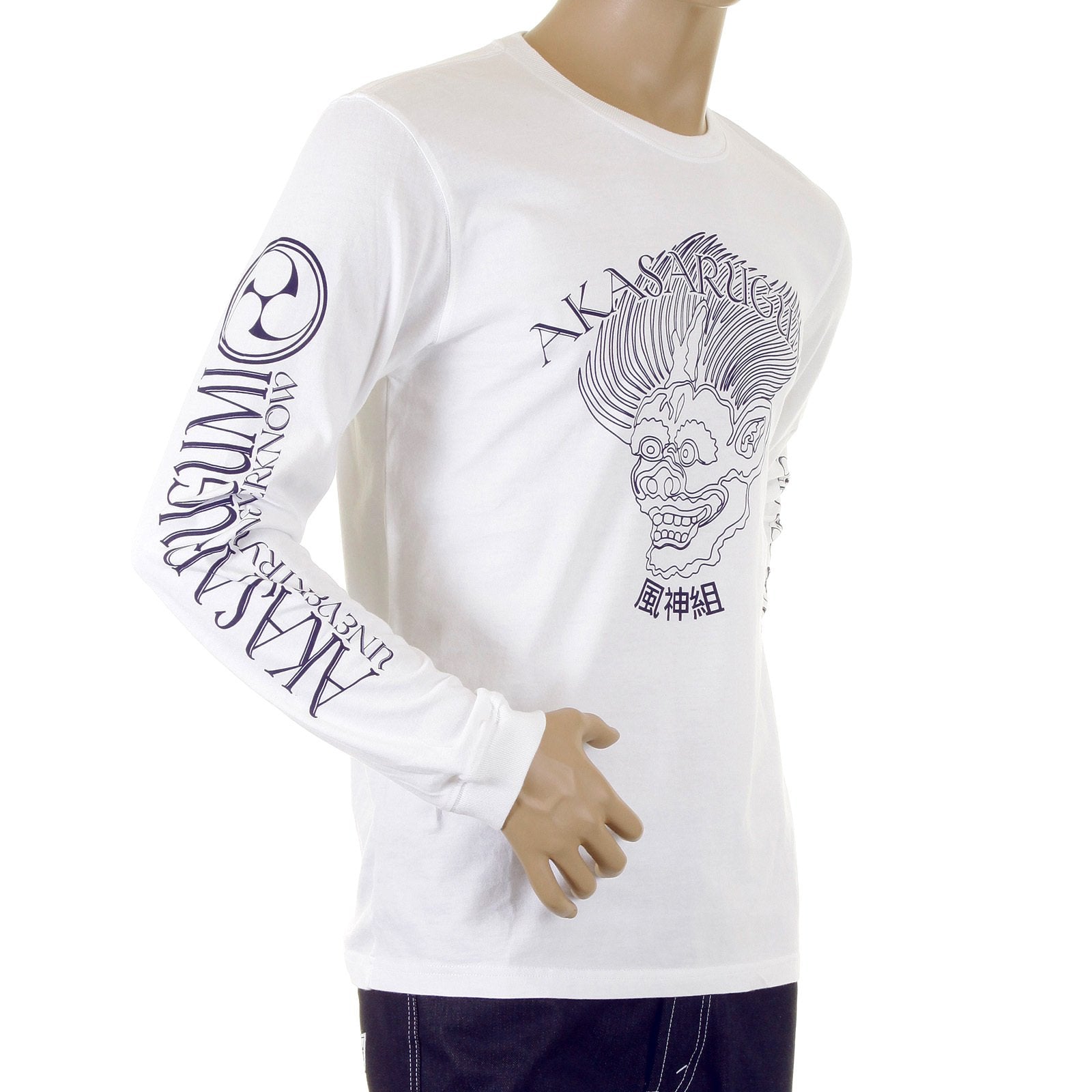 RMC JEANS MENS REGULAR FIT LONG SLEEVE CREW NECK AKASARUGUMI FUIJIN PRINTED T-SHIRT IN WHITE REDM5413