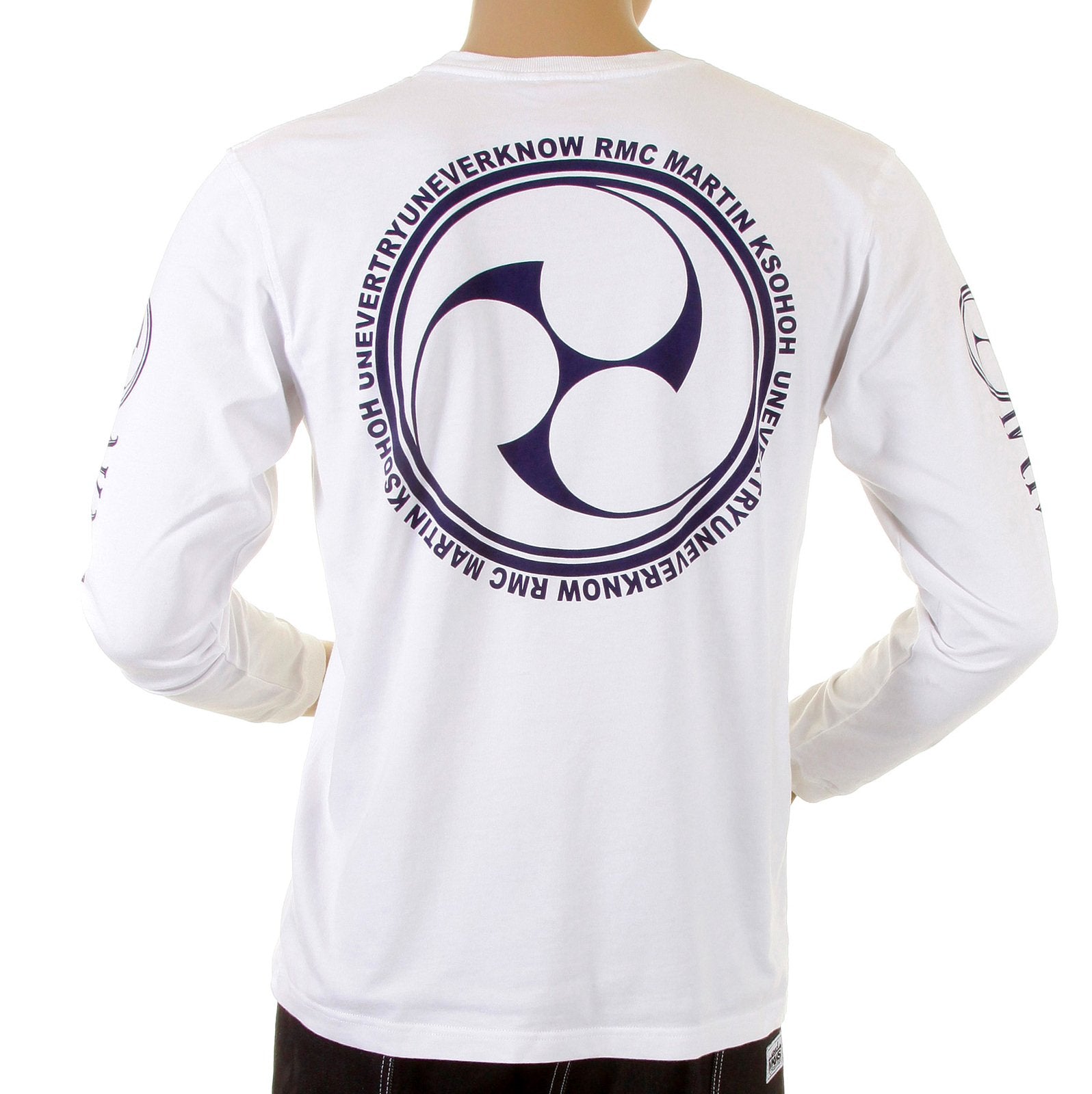 RMC JEANS MENS REGULAR FIT LONG SLEEVE CREW NECK AKASARUGUMI FUIJIN PRINTED T-SHIRT IN WHITE REDM5413