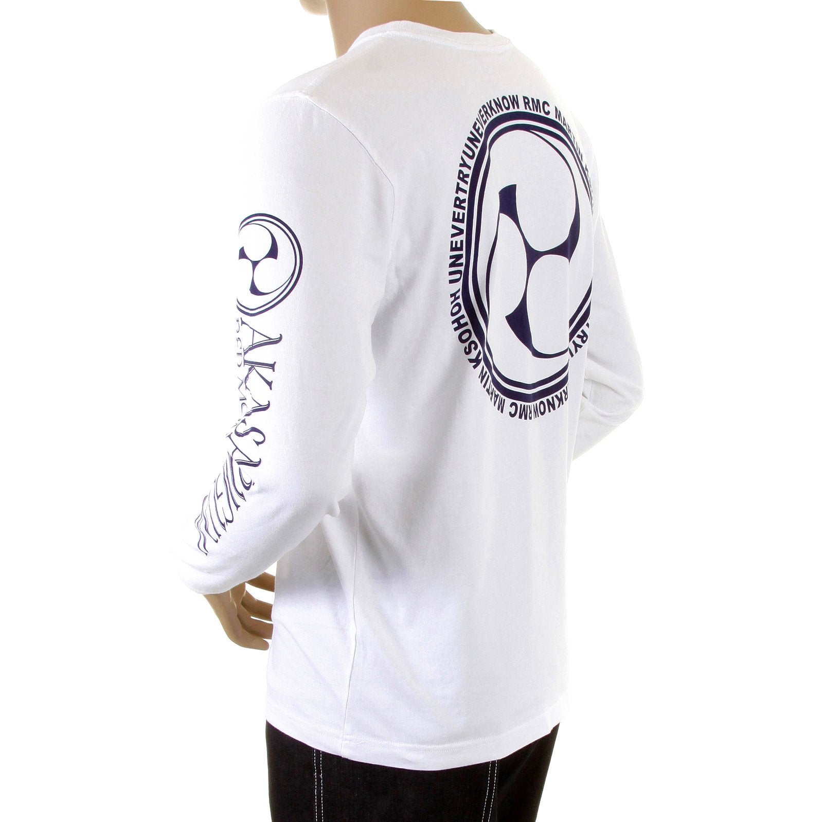 RMC JEANS MENS REGULAR FIT LONG SLEEVE CREW NECK AKASARUGUMI FUIJIN PRINTED T-SHIRT IN WHITE REDM5413