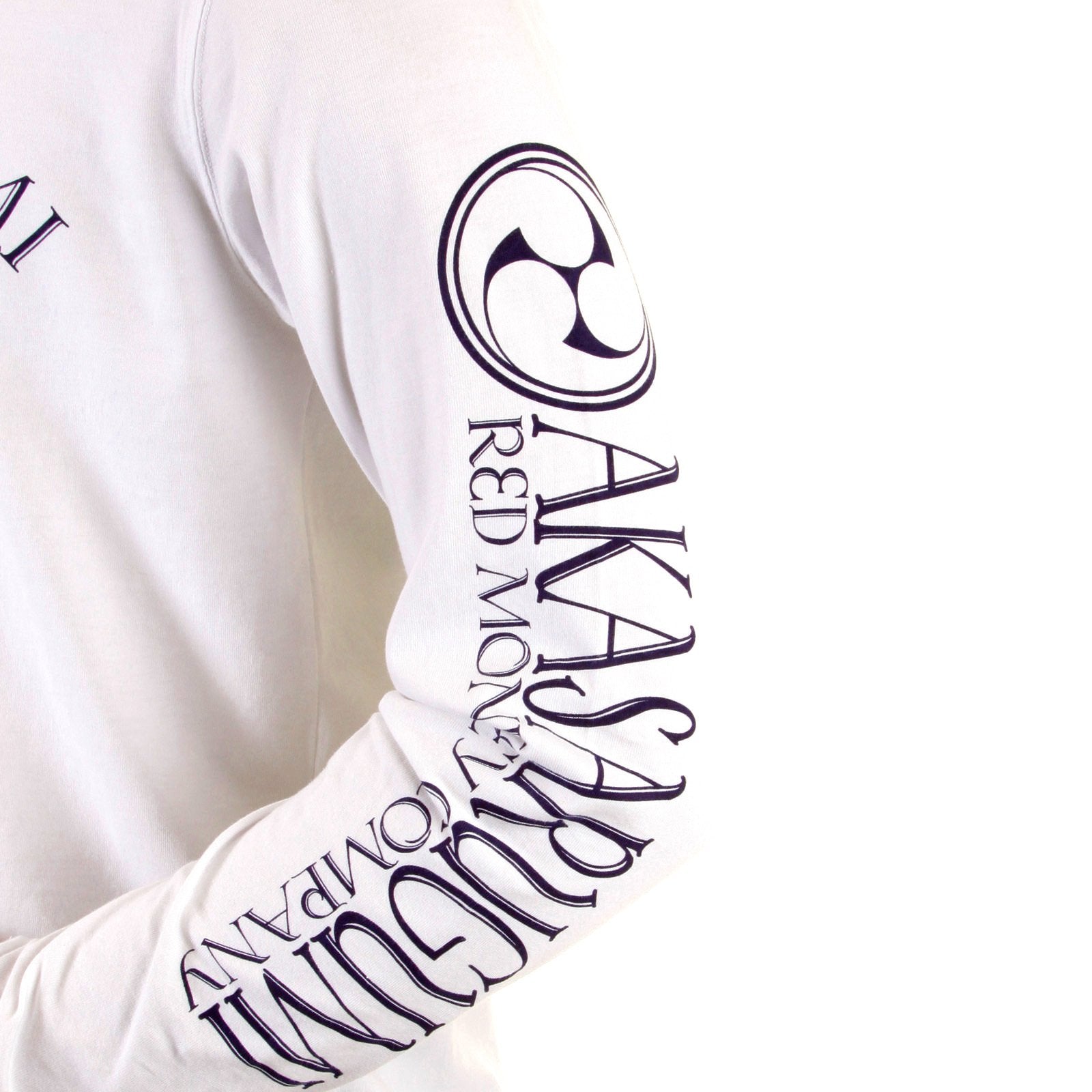 RMC JEANS MENS REGULAR FIT LONG SLEEVE CREW NECK AKASARUGUMI FUIJIN PRINTED T-SHIRT IN WHITE REDM5413