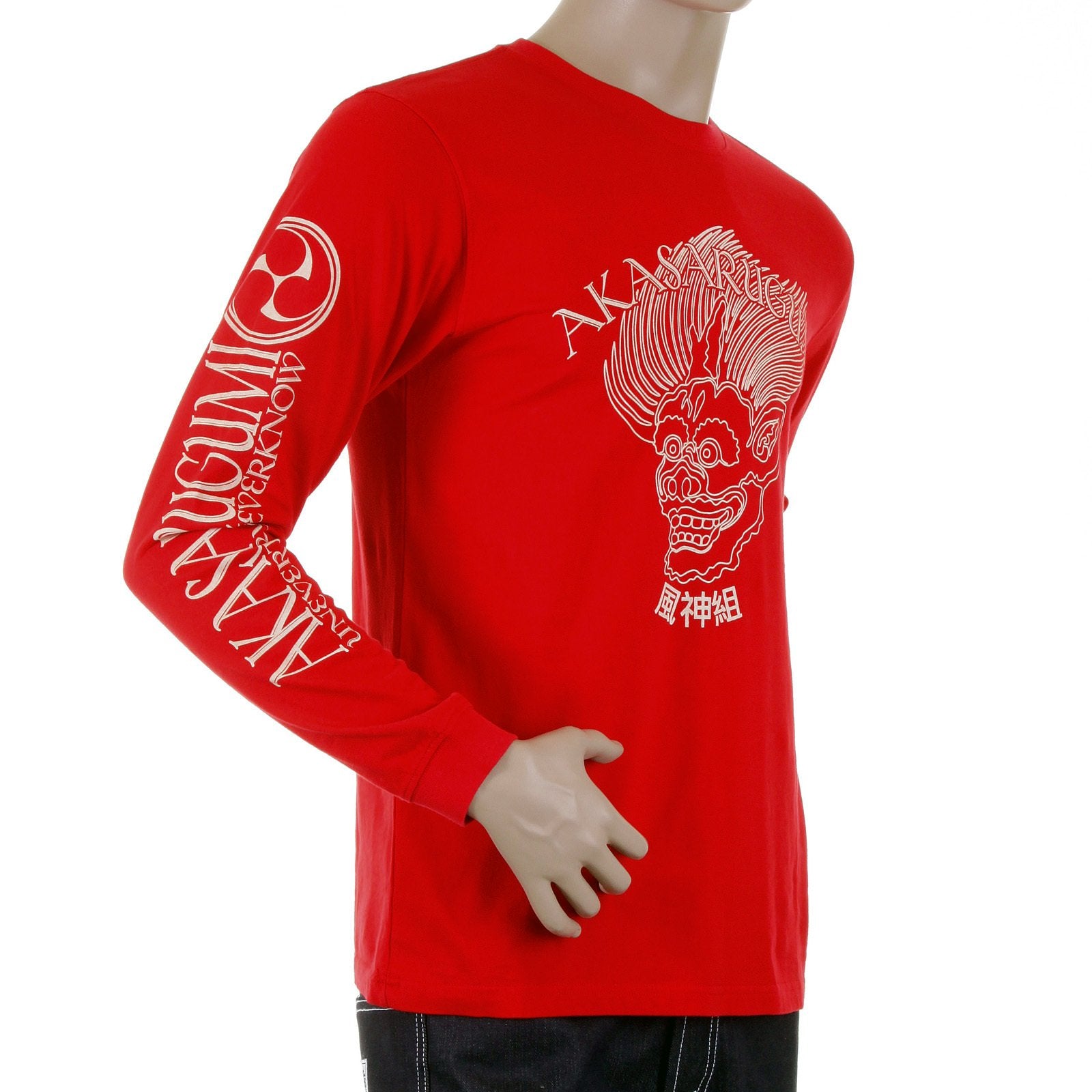 RMC JEANS MENS RED FUIJIN LONG SLEEVE CREW NECK REGULAR FIT T-SHIRT WITH AKASARUGUMI PRINT REDM5412
