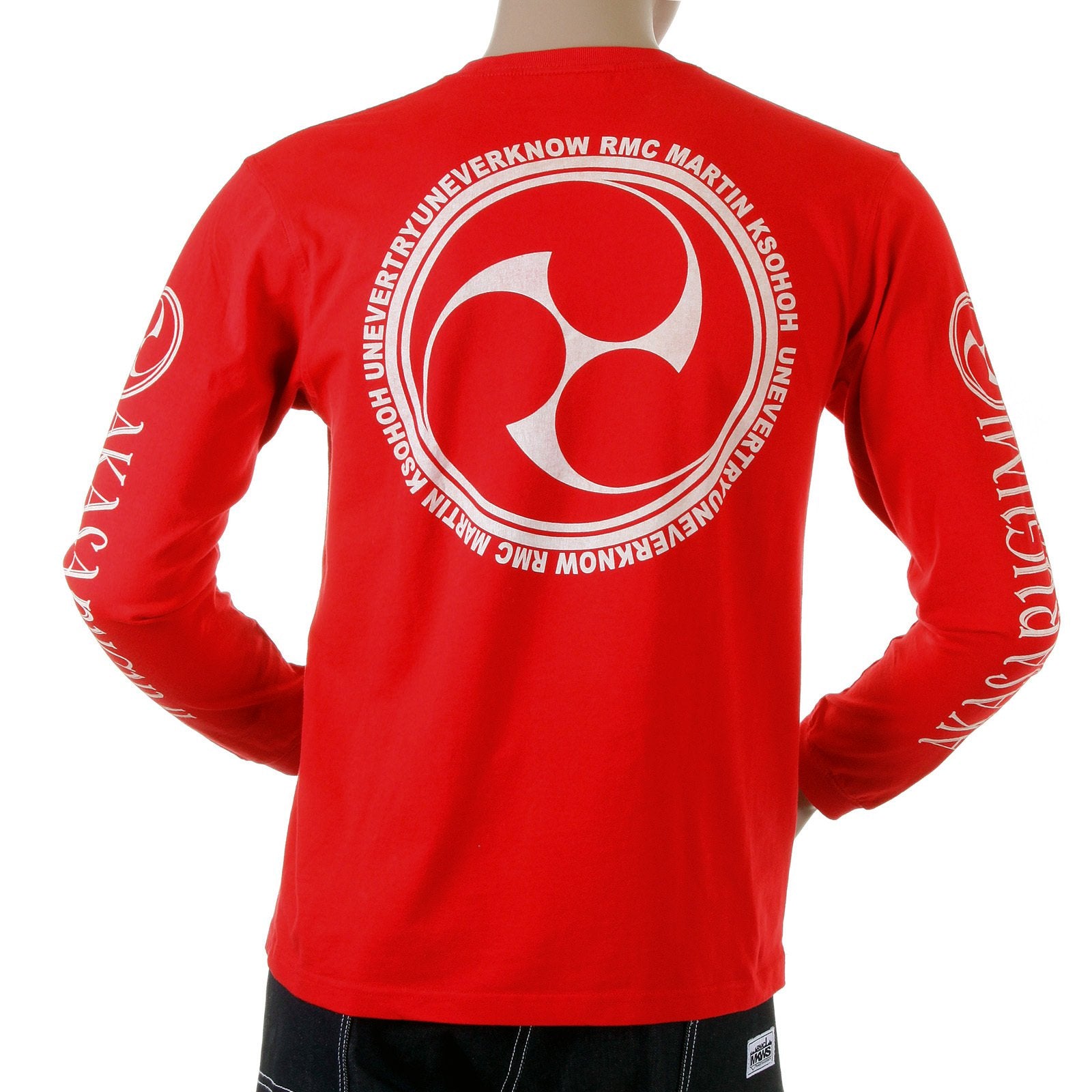 RMC JEANS MENS RED FUIJIN LONG SLEEVE CREW NECK REGULAR FIT T-SHIRT WITH AKASARUGUMI PRINT REDM5412