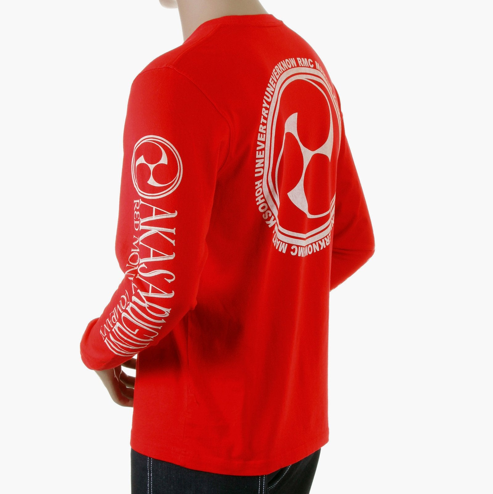 RMC JEANS MENS RED FUIJIN LONG SLEEVE CREW NECK REGULAR FIT T-SHIRT WITH AKASARUGUMI PRINT REDM5412
