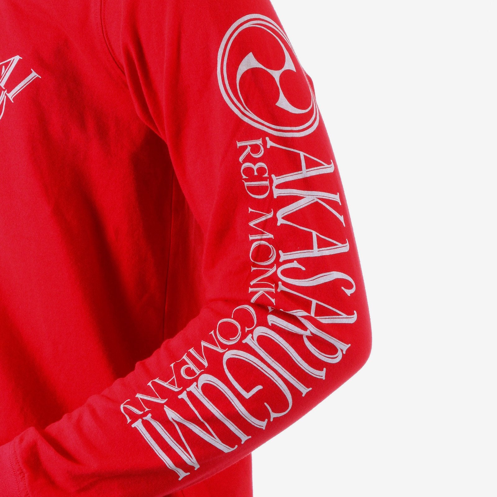 RMC JEANS MENS RED FUIJIN LONG SLEEVE CREW NECK REGULAR FIT T-SHIRT WITH AKASARUGUMI PRINT REDM5412