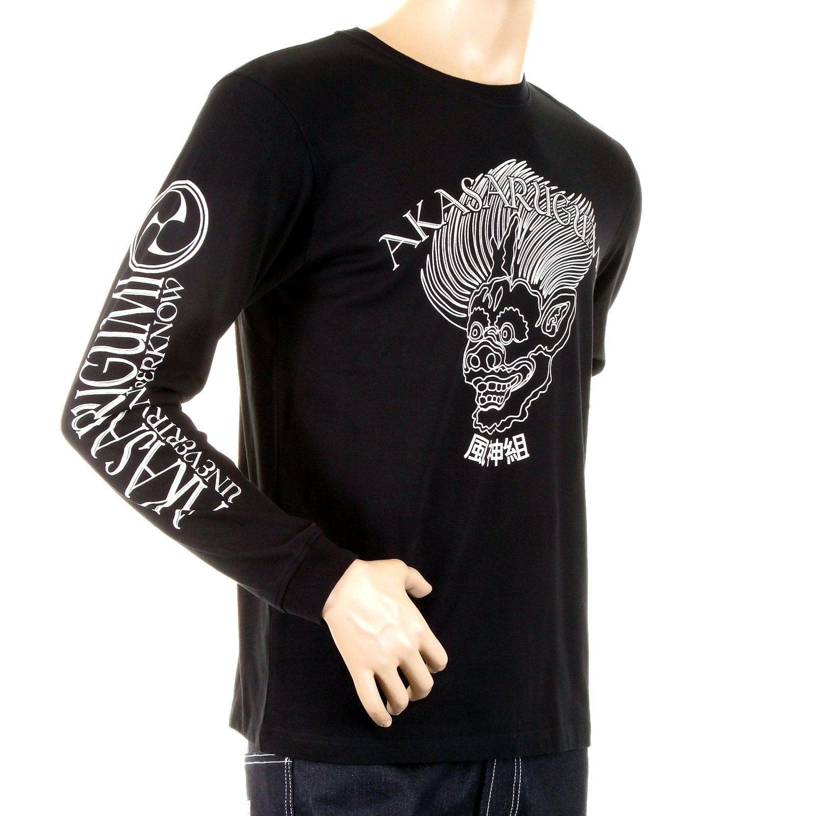 RMC JEANS MENS BLACK FUIJIN LONG SLEEVE REGULAR FIT CREW NECK T-SHIRT WITH AKASARUGUMI PRINT REDM5410